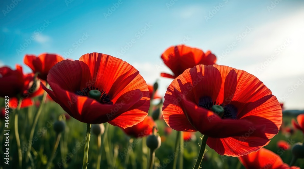Obraz premium Close-up of vibrant red poppy flowers in a field, bathed in golden light with a serene blue sky.