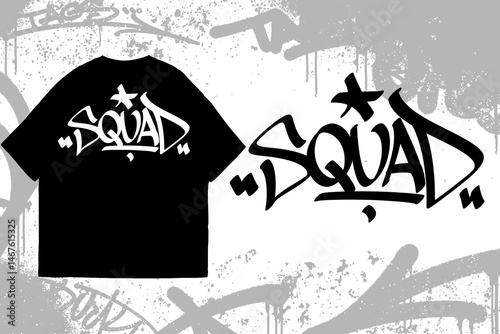Graffiti tag text “Squad” on t-shirt mockup. Urban street art style, bold hand lettering, spray paint texture. Perfect for streetwear, edgy fashion, and apparel designs.

