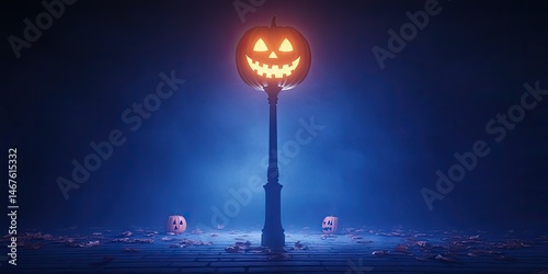 Spooky halloween scene featuring a glowing jack o' lantern lamp post in a mystical night setting