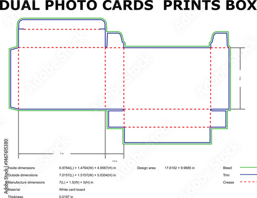 Detailed blueprint of a dual photo card prints box with dimensions and measurements suitable for print and packaging design