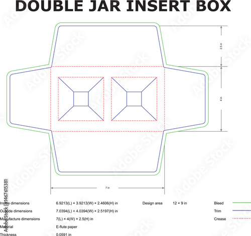 Detailed blueprint diagram for a double jar insert box design showing dimensions bleed trim and crease lines for packaging purposes.