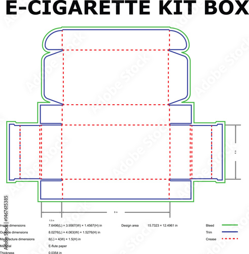 Detailed schematic diagram of an e-cigarette kit box packaging design with dimensions and specifications
