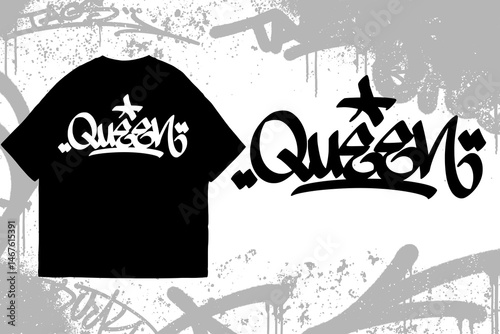 Graffiti tag text “Queen” on t-shirt mockup. Urban street art style, bold hand lettering, spray paint texture. Perfect for streetwear, edgy fashion, and apparel designs.
