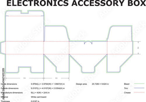 Detailed blueprint design for an electronics accessory box packaging with dimensions showing bleed trim and crease markings.