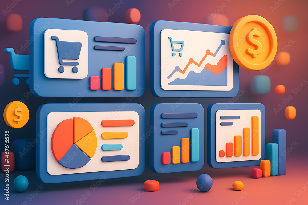 A vibrant 3D illustration showcasing various financial charts, graphs, and icons representing e-commerce and data analysis. Perfect visual for presentations and reports.
