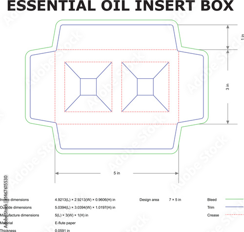 Detailed blueprint diagram showcasing the design and dimensions of an essential oil insert box for packaging purposes.