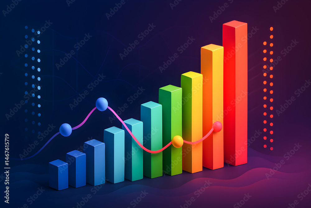 A vibrant and colorful bar graph illustrating data growth and trends, complemented by a line chart. This modern design emphasizes positive progress and analytical insights.