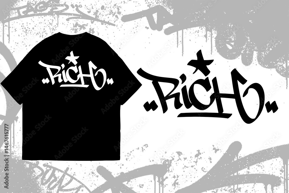 Naklejka premium Graffiti tag text “Rich” on t-shirt mockup. Urban street art style, bold hand lettering, spray paint texture. Perfect for streetwear, edgy fashion, and apparel designs. 