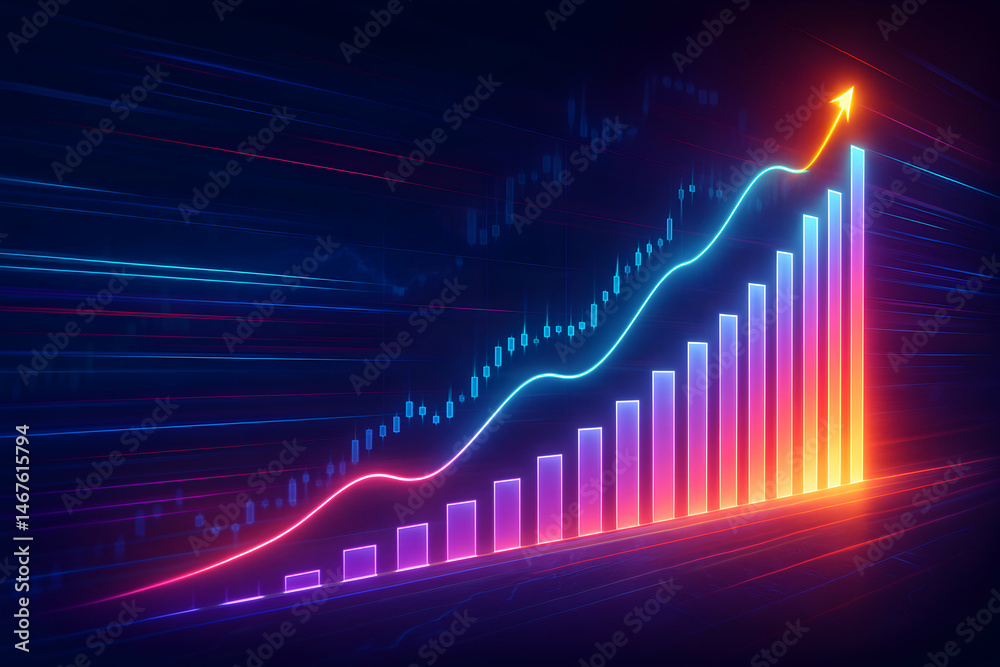A vibrant and modern graphic depicting a growth chart with neon colors. The ascending bars symbolize progress and success, ideal for tech and business themes.