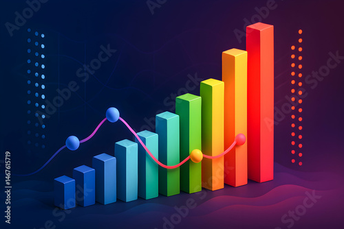Obraz na płótnie A vibrant and colorful bar graph illustrating data growth and trends, complemented by a line chart. This modern design emphasizes positive progress and analytical insights. w salonie