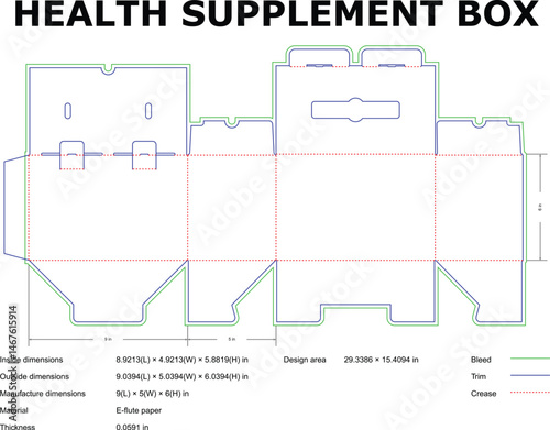 Detailed vector outline design of a health supplement box displaying dimensions and packaging specifications for manufacturing