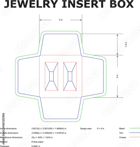 Detailed diagram of a jewelry insert box design showing dimensions and cut lines with clear labeling for packaging.