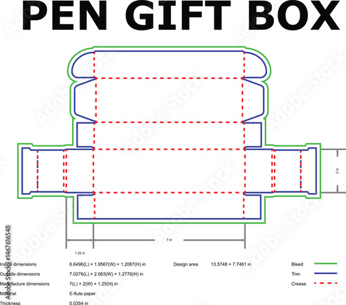 Detailed vector diagram of a pen gift box template showing dimensions cutting lines and crease lines for packaging design.