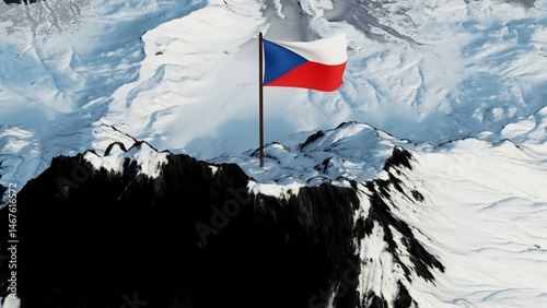 3D rendering of the former Czechoslovakia national flag, featuring two horizontal bands of white (top) and red, with a blue isosceles triangle at the hoist side, gracefully waving atop a snow-covered 