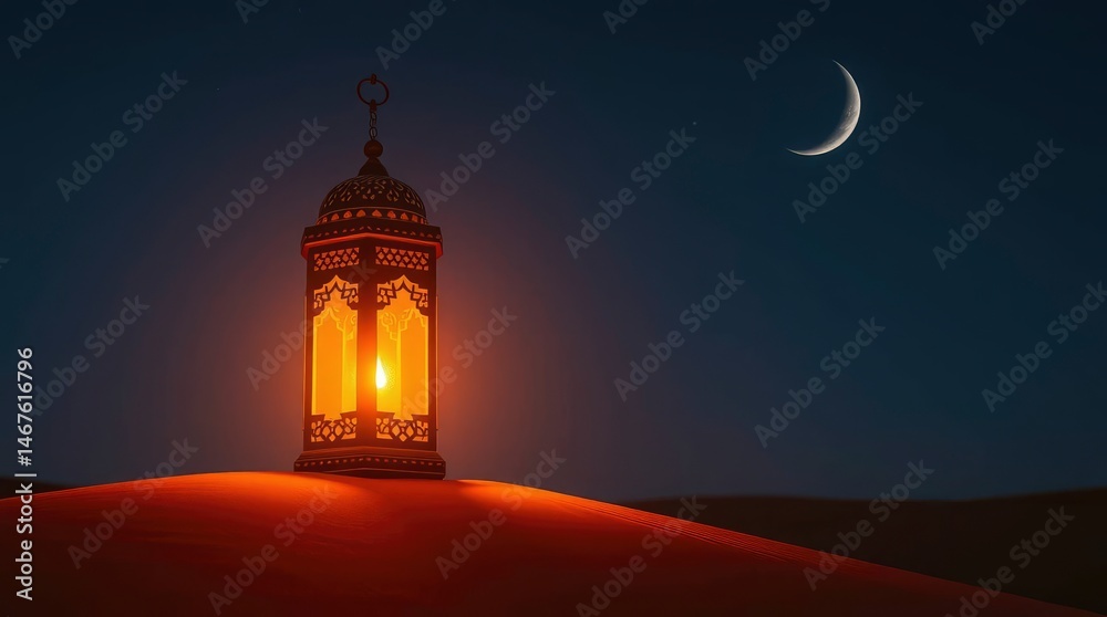 Fototapeta premium Glowing lantern stands atop a sand dune under a crescent moon in the dark desert night.