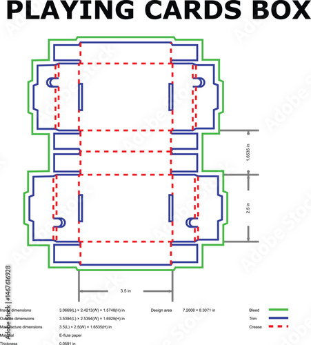 Detailed blueprint of a playing cards box packaging design with dimensions and layout guidelines for manufacturing