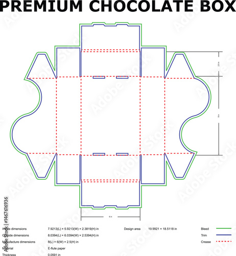 Detailed die cut template for premium chocolate box packaging with dimension information for print and design.