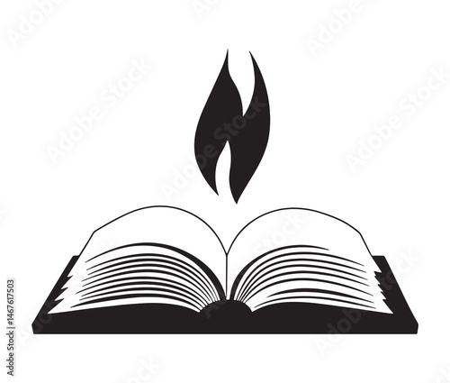 Silhouette open book vector illustration. Silhouette of an open Bible icon. Burning book icon.
