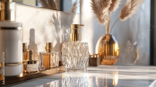 Elegant bathroom decor with crystal bottle and dry flower arrangement on marble top
