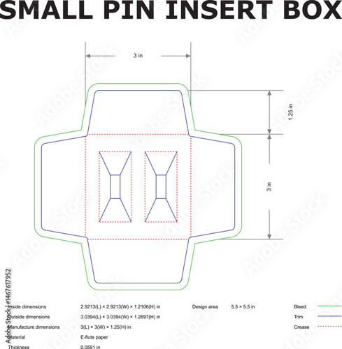 Detailed technical illustration of a small pin insert box layout including measurements dimensions bleed and crease lines for design guidance.