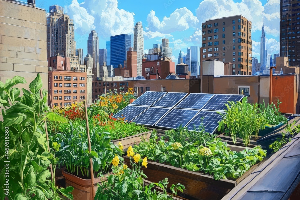 Fototapeta premium Urban rooftop garden with solar panels and city view.