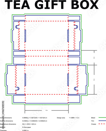 Detailed illustration of a tea gift box template with dimensions material specifications and design guidelines for packaging.