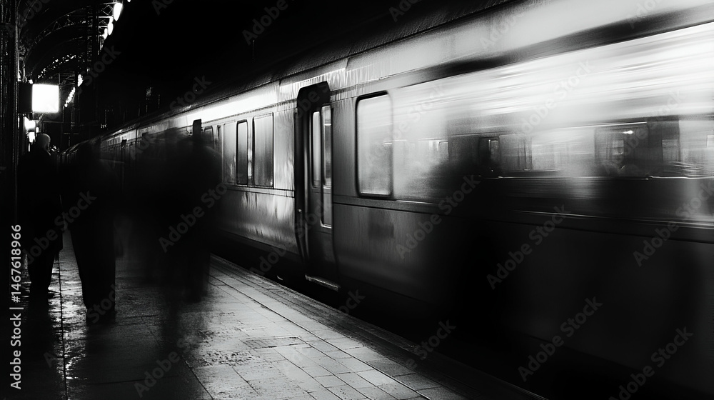 Fototapeta premium Blurred Figures Await Train Departure at Night City Station