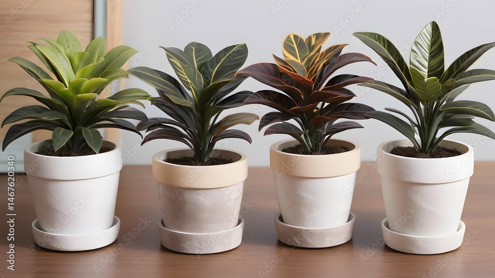 Fototapeta premium Four potted Dracaena plants in different colors and patterns Stylish home decor and interior design