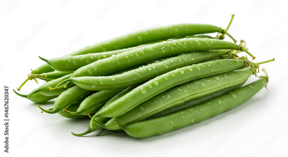 Bunch of green beans grouped naturally, water droplets added for freshness, isolated on white with soft shadows Bunch of green beans grouped naturally, water droplets added for freshness, isolated on white with soft shadows
