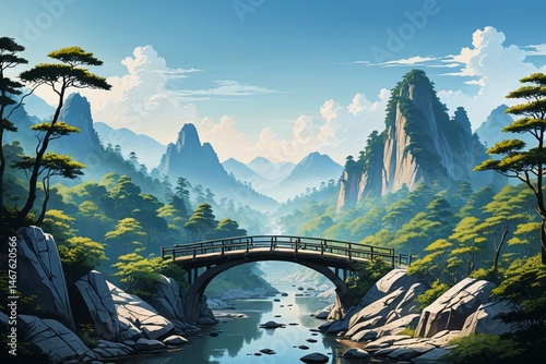 Fototapeta Naklejka Na Ścianę i Meble -  there is a painting of a bridge over a river in the mountains
