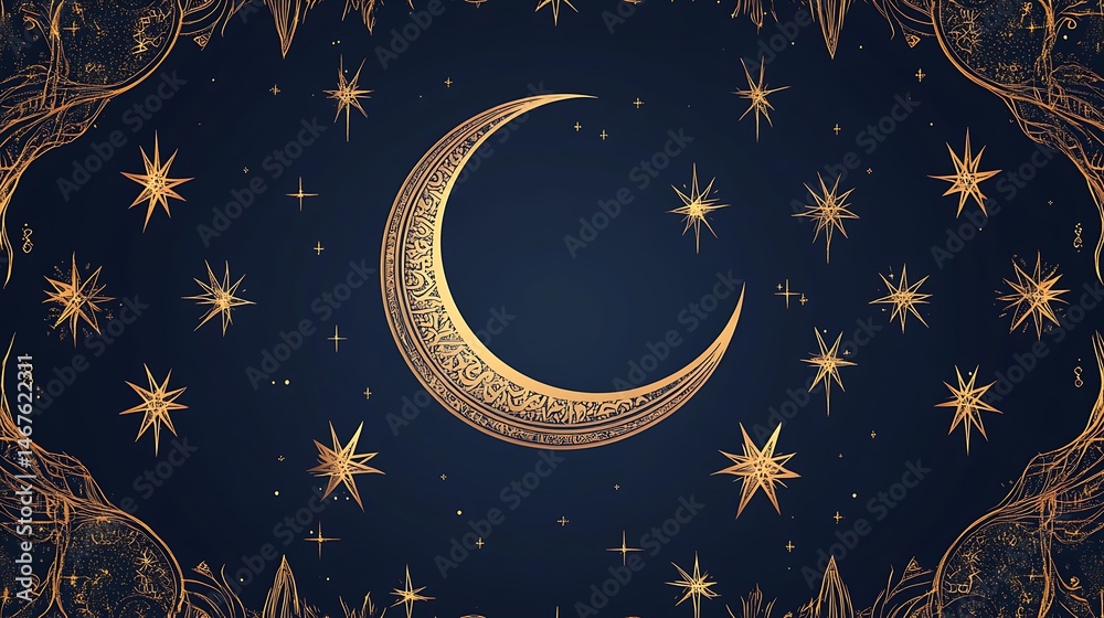 Naklejka premium Celestial Dreamscape Gold Moon Stars Night Sky Design Art