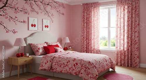 Sunlit bedroom interior with a bed and soft textures home decor concept