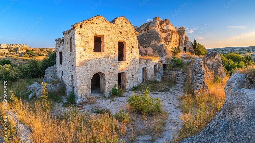 Fototapeta premium Ancient stone dwellings in a sunlit landscape.