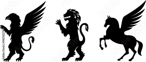 Heraldic decoration elements. Lion, griffin and pegasus.