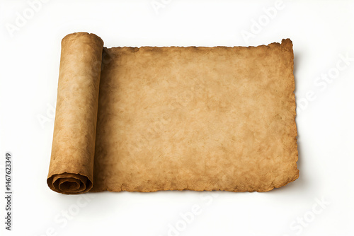An aged, rolled parchment paper lies flat on a white background, showcasing its textured surface and warm brown hues. Perfect for historical, educational, or creative projects.
