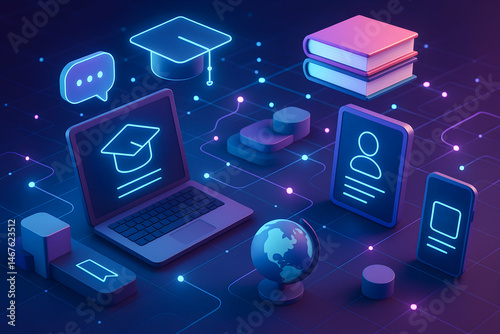 An engaging digital workspace illustration featuring educational elements like a laptop, books, and communication tools, representing modern learning and online education.