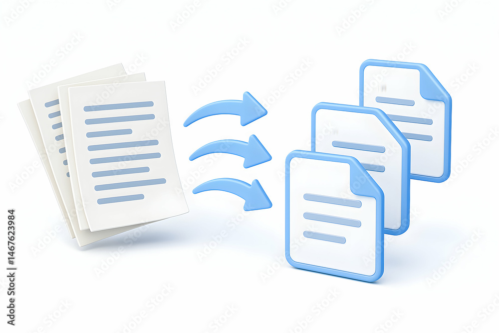 An illustration representing document management and organization, featuring sheets of paper with blue arrows transferring information, symbolizing efficient data flow.