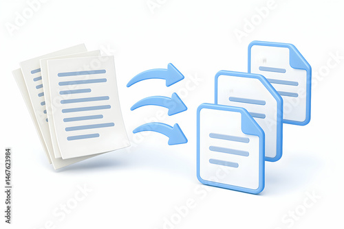 Obraz na płótnie An illustration representing document management and organization, featuring sheets of paper with blue arrows transferring information, symbolizing efficient data flow. w salonie