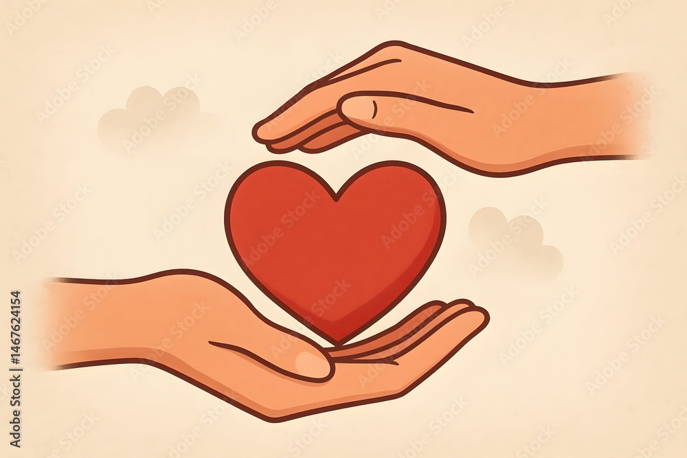 An illustration featuring two hands cradling a vibrant heart, symbolizing love, compassion, and togetherness