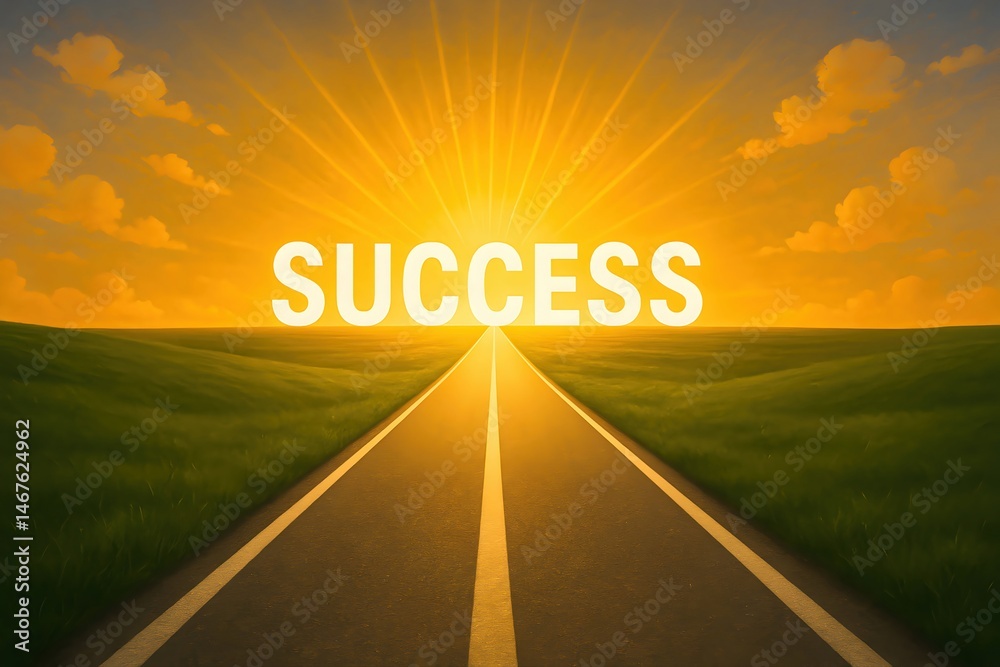 An inspiring image of a road leading towards a glowing sunrise, symbolizing the journey to success and opportunities in life and business.