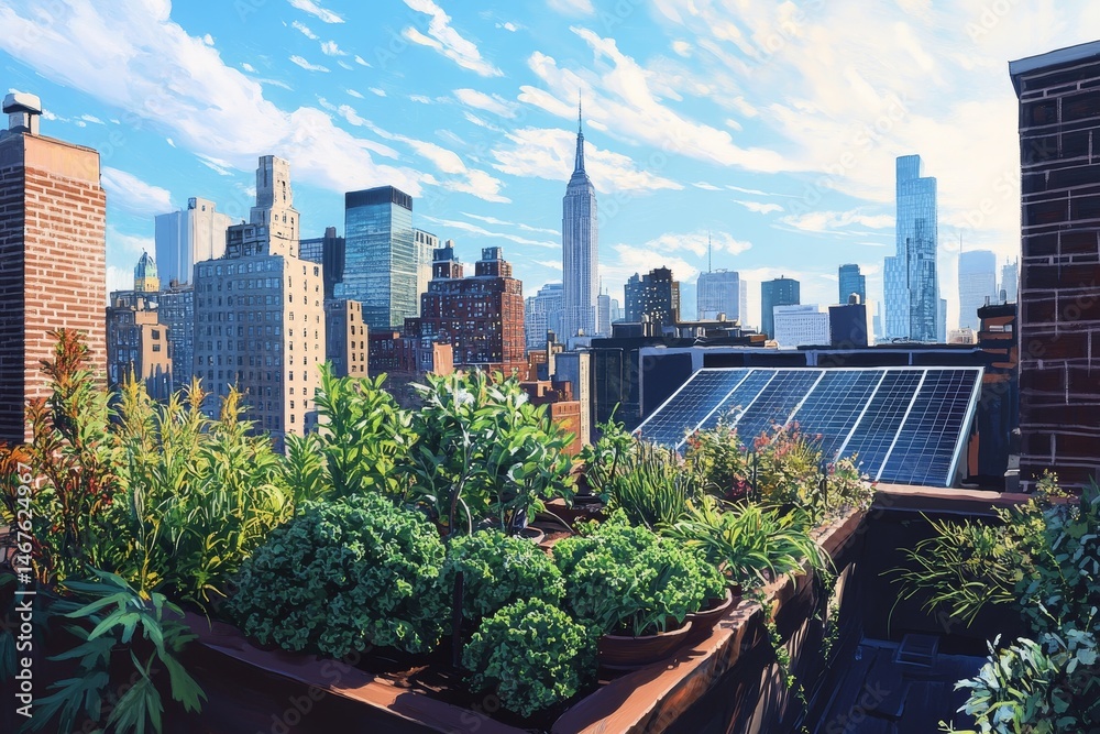Fototapeta premium Rooftop garden overlooking a city skyline on a sunny day.