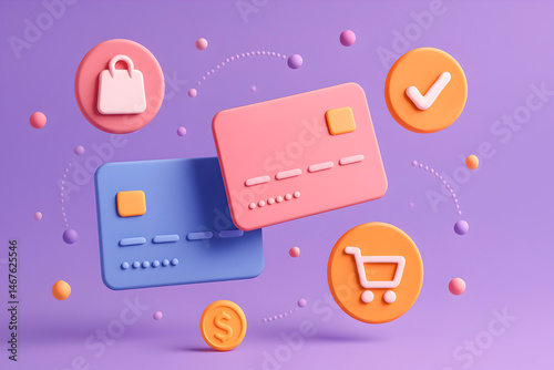 Colorful 3D representation of credit cards surrounded by shopping icons, showcasing modern digital payment methods and online shopping trends against a vibrant purple background.