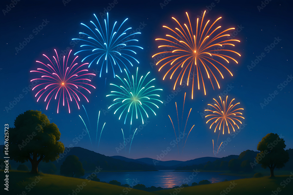 Colorful fireworks illuminate the night sky over a serene lake, creating a festive and joyful atmosphere. Perfect for celebrations, events, and holiday themes.