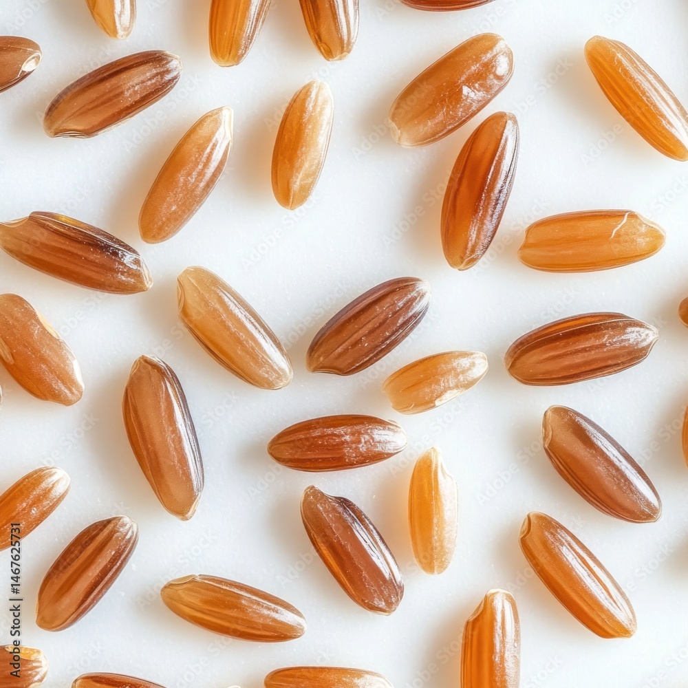Obraz premium Brown rice grains scattered on white background