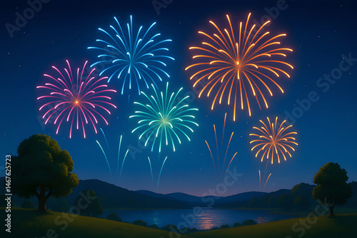 Obraz na płótnie Colorful fireworks illuminate the night sky over a serene lake, creating a festive and joyful atmosphere. Perfect for celebrations, events, and holiday themes. w salonie