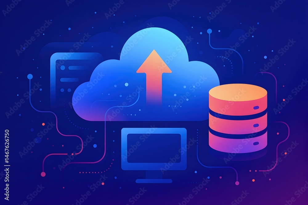 Digital illustration representing cloud computing, featuring an upward arrow, computer, and database in a vibrant, modern style. Ideal for tech-related concepts and discussions.