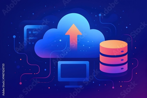 Obraz na płótnie Digital illustration representing cloud computing, featuring an upward arrow, computer, and database in a vibrant, modern style. Ideal for tech-related concepts and discussions. w salonie