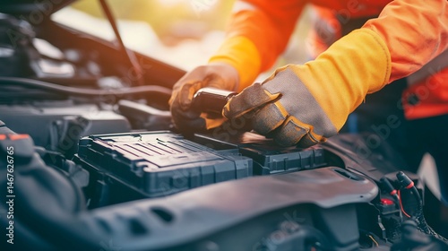 Close-up of auto mechanic servicing car battery under hood in the workshop