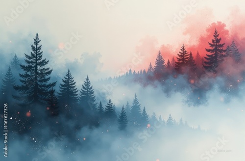 Scenic View of Misty Forest With Vibrant Colors and Atmospheric Layers