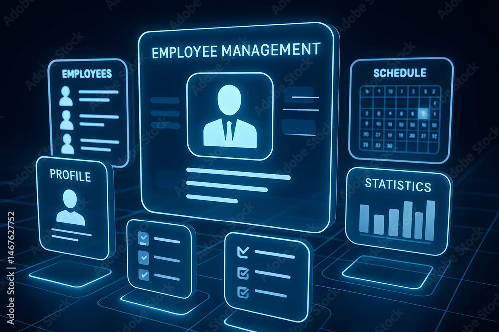 Futuristic employee management dashboard featuring digital profiles, schedules, and statistics. Ideal for illustrating modern business management solutions and workforce analytics.